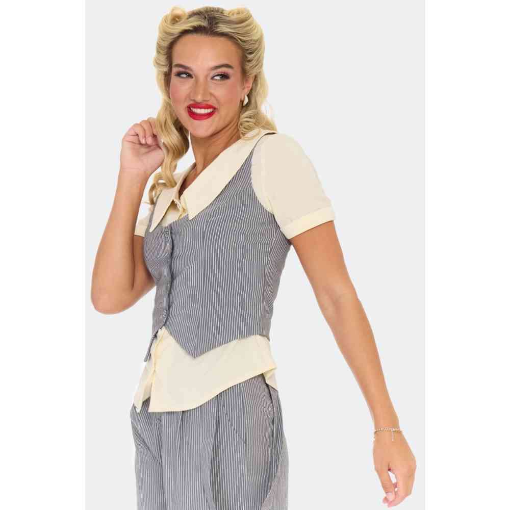 Voodoo Vixen - Grey Pinstripe Retro Button Up Vest Weste - Grau